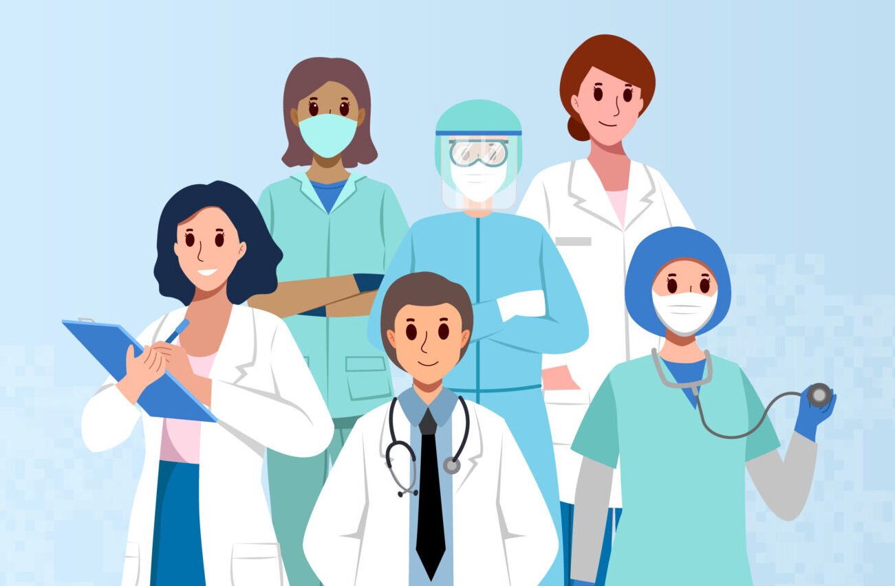Medical Team . Doctor surgeon nurse assistant and PPE coat . Cartoon characters . Vector .